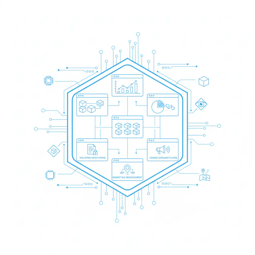 An infographic representing the end-to-end tracking of goods, from production to final distribution, integrated with Digital Product Passport (DPP) management and tamper protection monitoring.