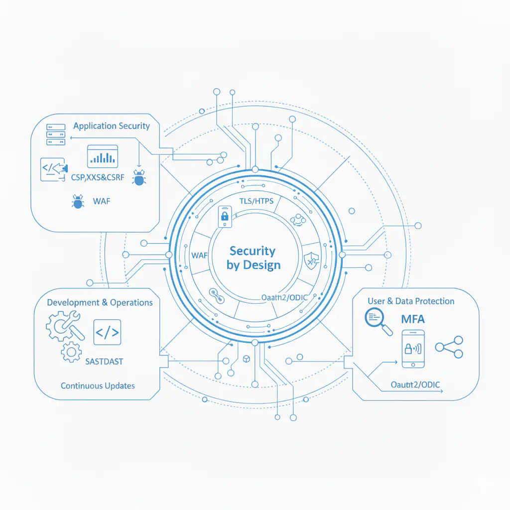 A conceptual illustration of Legitam’s multi-layered application security architecture, showing data protection shields, encrypted communication paths, and cybersecurity icons representing resilience against fraud and unauthorized access.