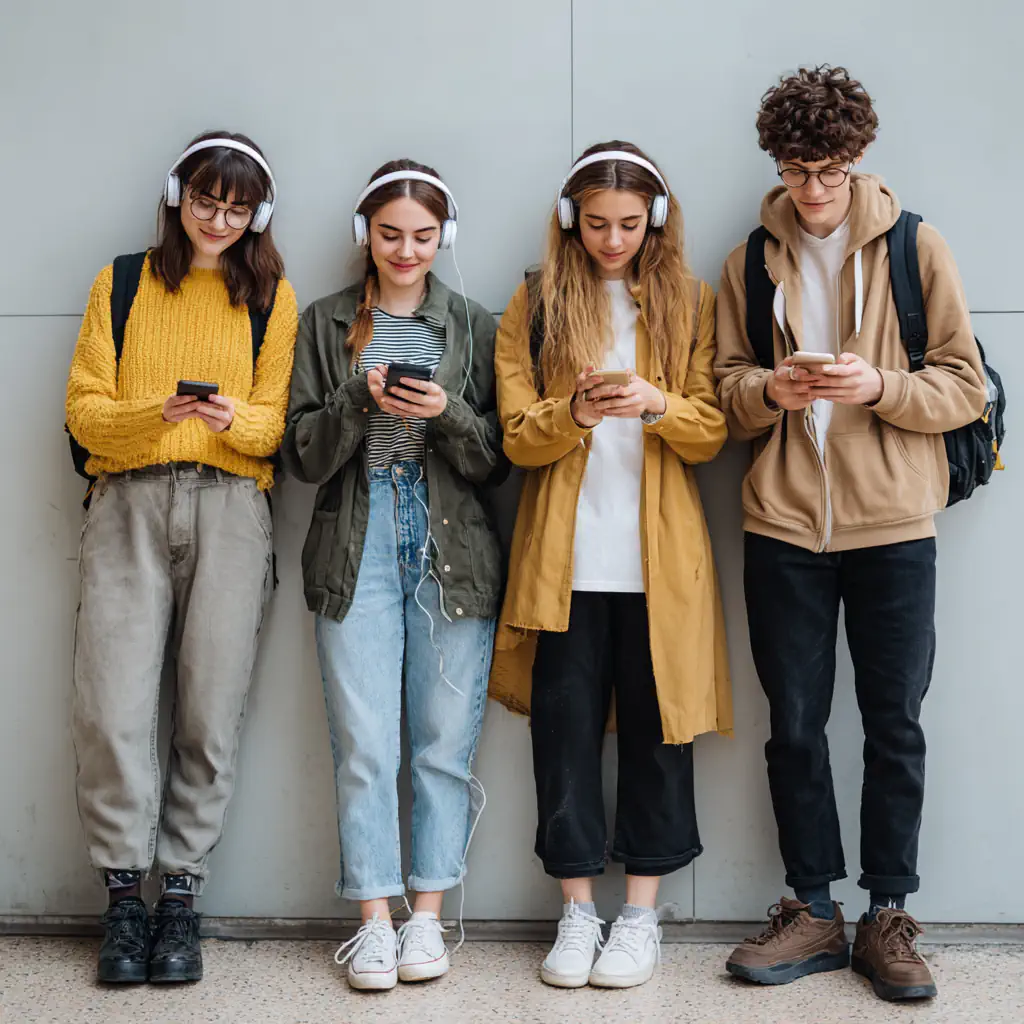 A group of young people using their smartphones with headphones, demonstrating the intuitive and effortless one-touch authenticity verification process for consumers