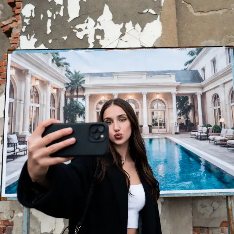 A woman taking a selfie in front of a luxury pool background, symbolizing the "fake-free" lifestyle and the desire for genuine personal branding with original products.