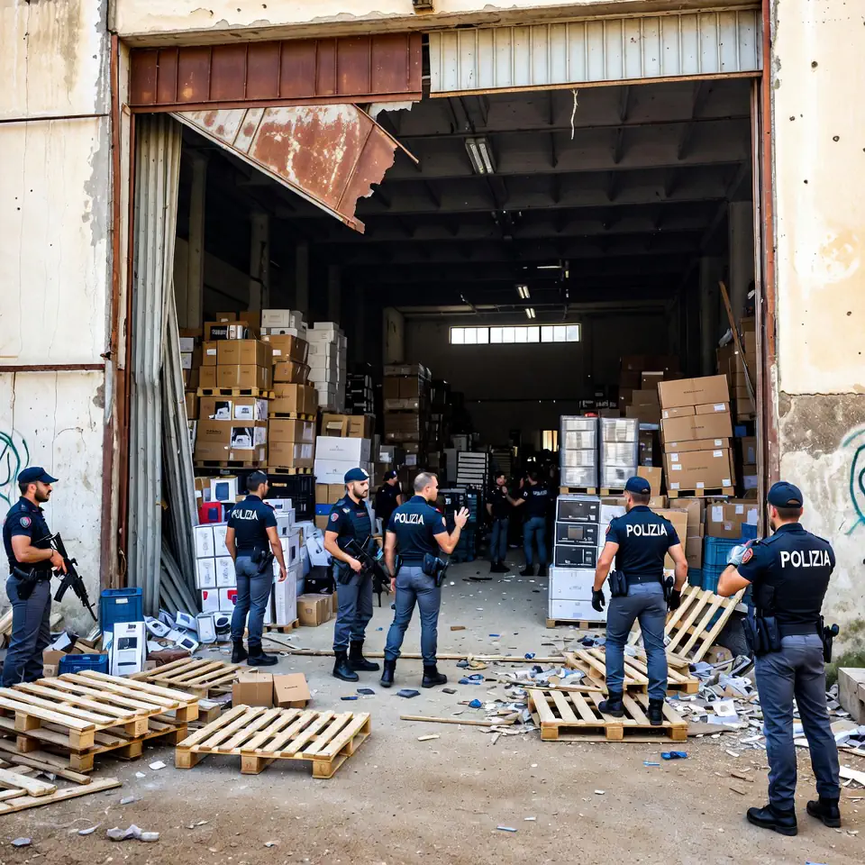 Police officers inspecting a warehouse filled with boxes, illustrating the fight against the counterfeit market and the importance of secure supply chain logistics using RFID.
